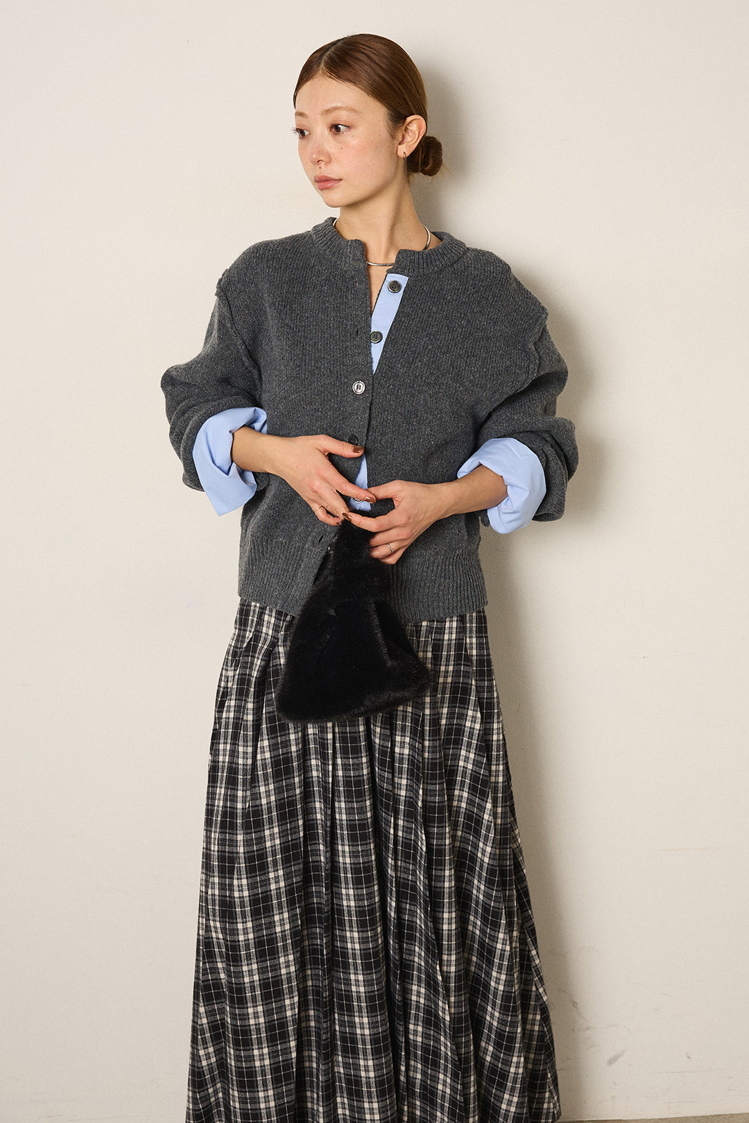[SET]シャツドッキングニットカーディガン+ベルト付きタータンチェックプリーツスカート(2set)