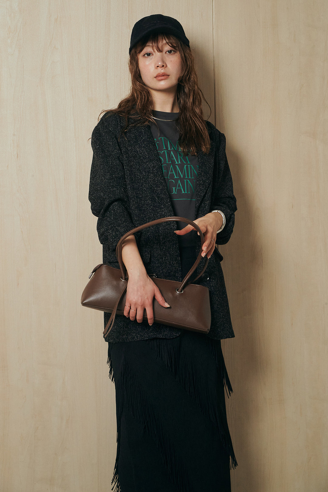 [SET]ミックスツイードベルト付きジャケット+斜めフリンジデザインスカート(2set)