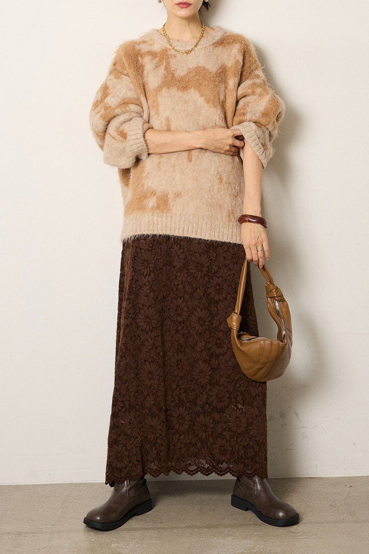 [SET]モヘアタッチマーブルニット+花柄刺繍ベロアフレアスカート(2set)
