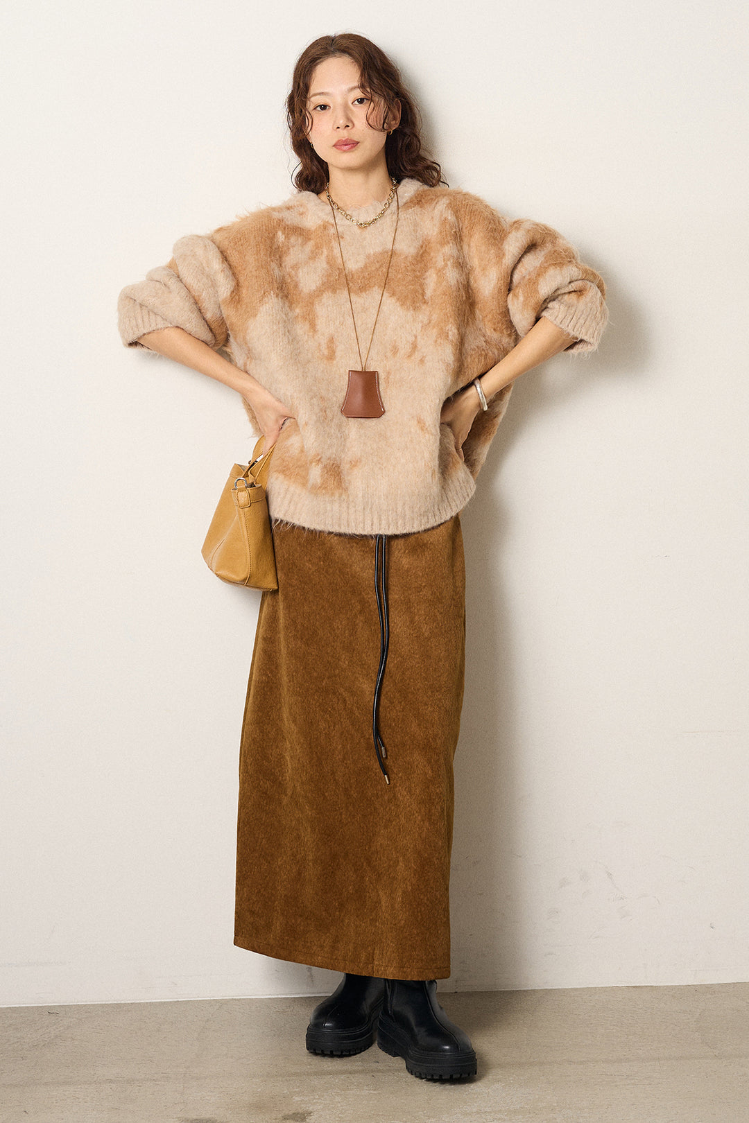 【着回しセット】[SET]モヘアタッチマーブルニット+モヘアタッチマーブルニット+ロープベルト付きスウェード調スカート(3set)
