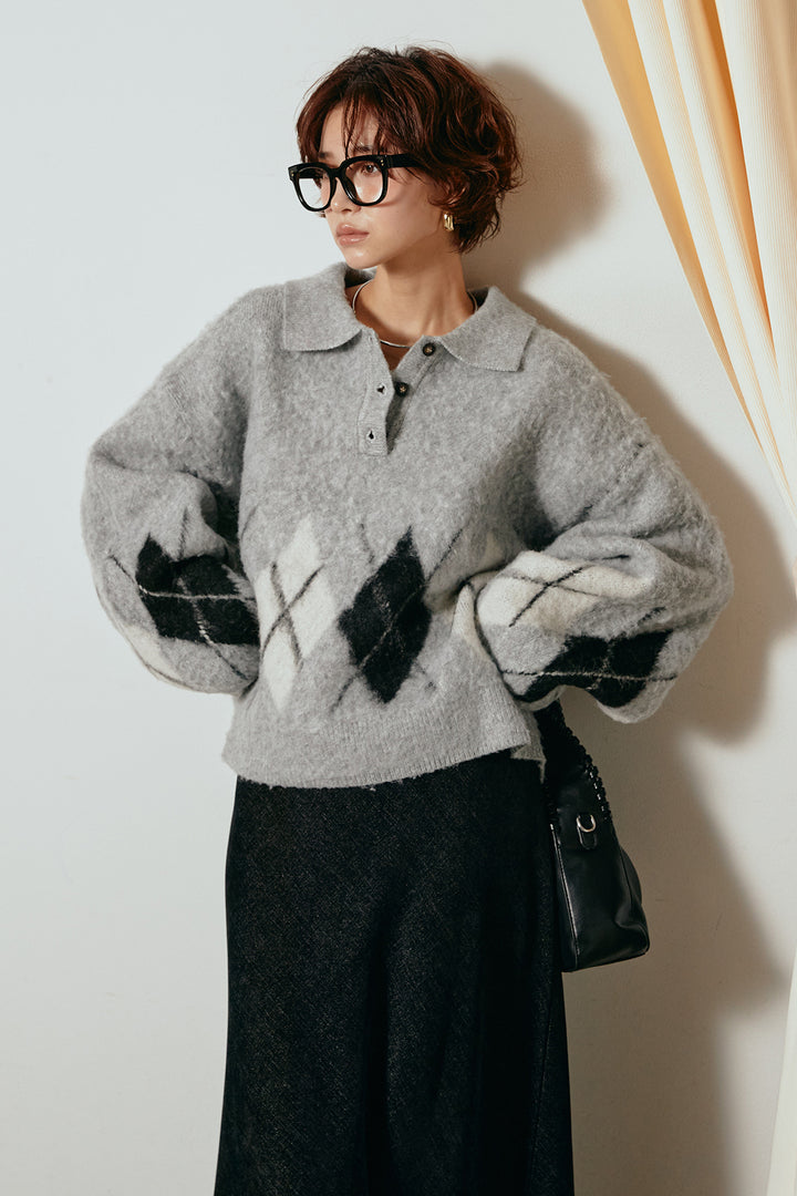 [SET]アーガイル柄ポロニットトップス+スウェードライクロングスカート(2set)