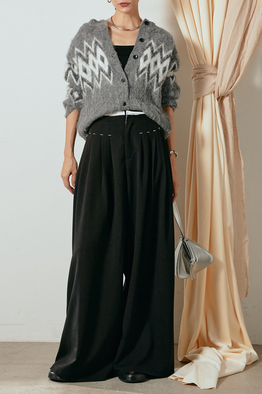 [SET]起毛ノルディック柄ニットカーディガン+ウエストステッチデザインワイドスラックス(2set)
