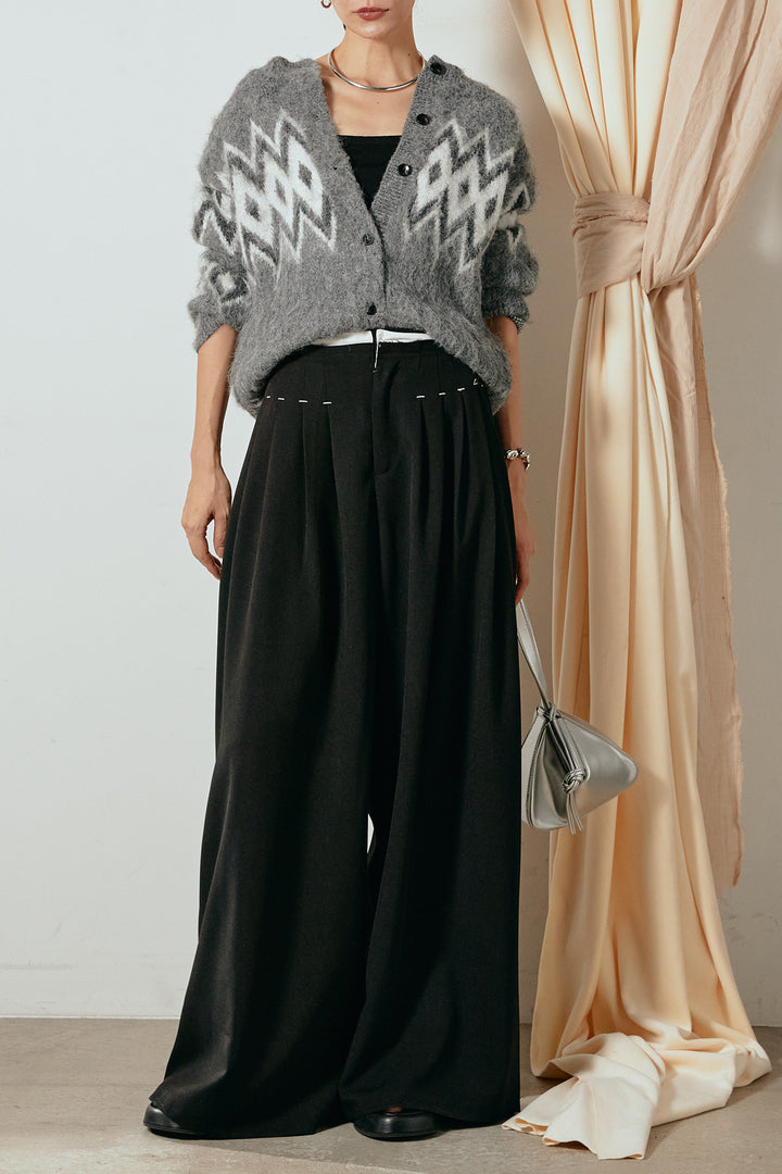 [SET]起毛ノルディック柄ニットカーディガン+ウエストステッチデザインワイドスラックス(2set)