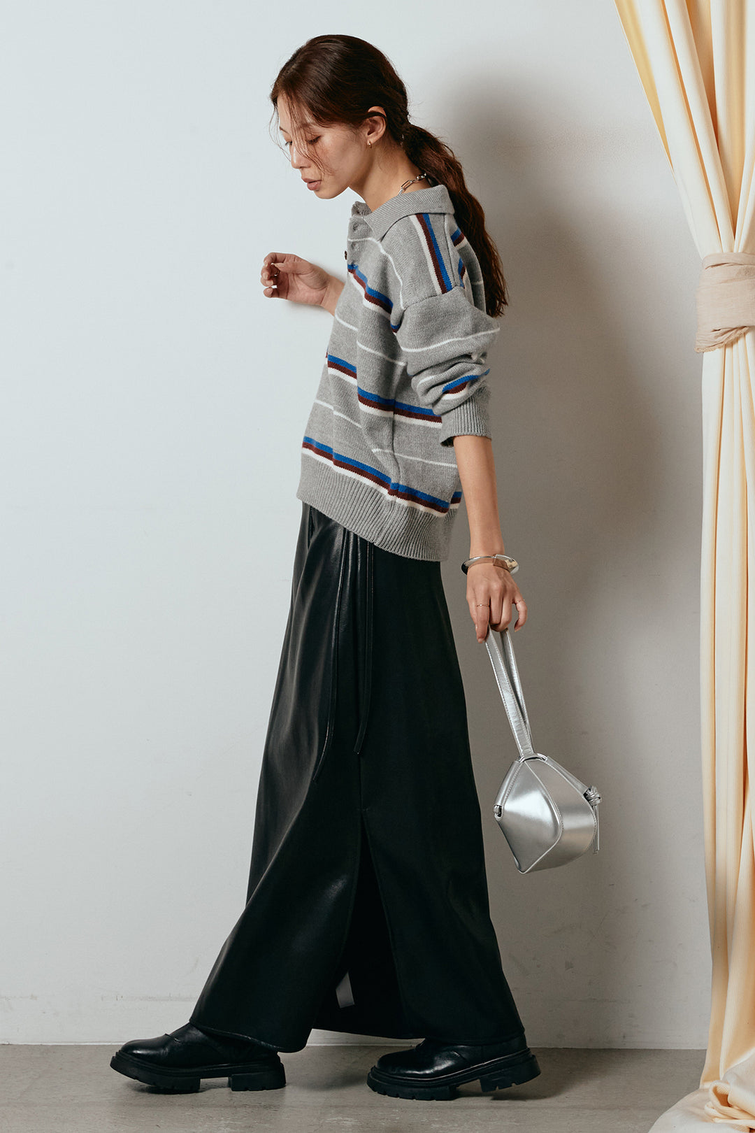 [SET]襟付きマルチボーダーニットポロトップス+紐付きフェイクレザーワイドスカート(2set)