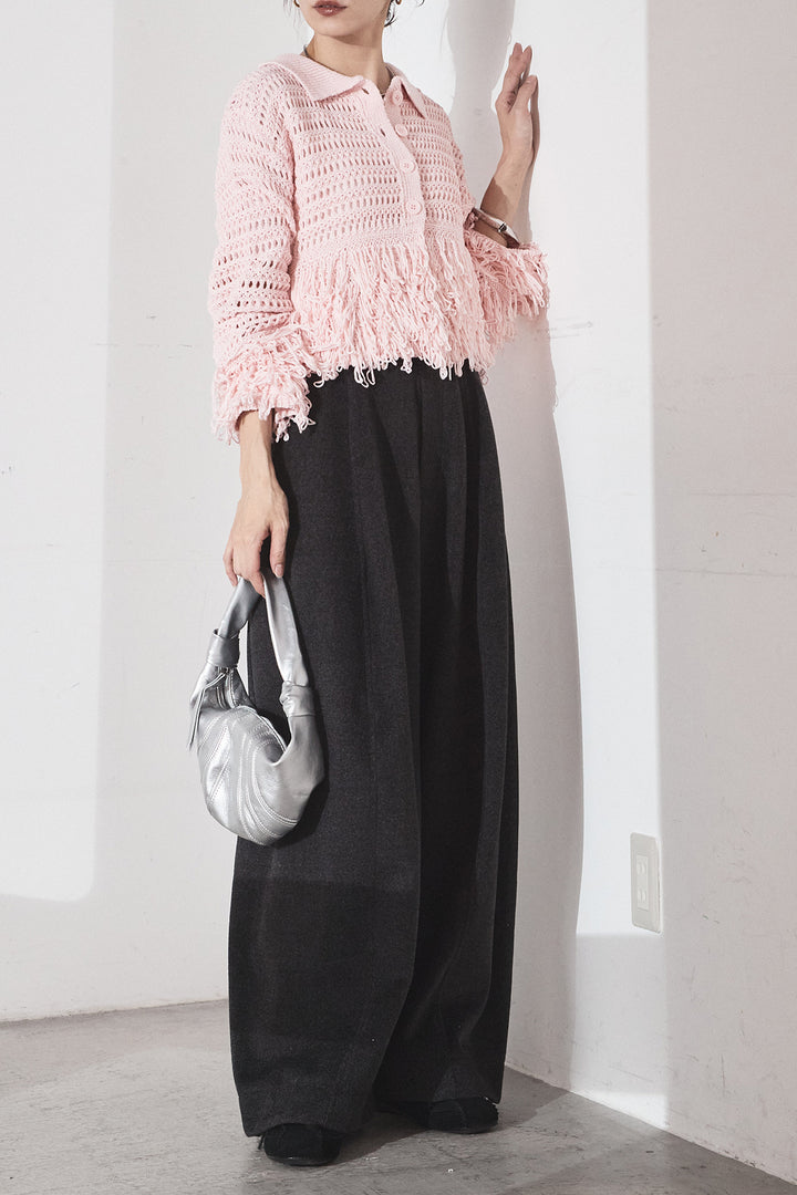 [SET]メッシュフリンジカーディガン+ウールタッチカーブワイドパンツ(2set)