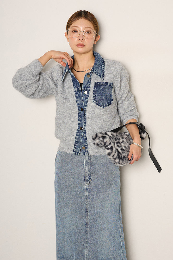 [SET]襟付きデニム切替ニットカーディガン+デニムロングフレアスカート(2set)