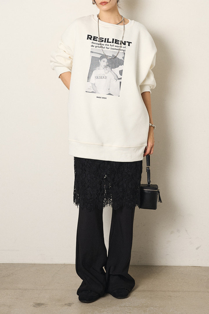 [SET]モノトーンプリントスウェット+レース刺繍レイヤードフレアパンツ(2set)