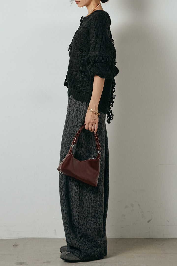 [SET]ランダムフリンジニットカーディガン+リラックスレオパード柄ワイドパンツ(2set)