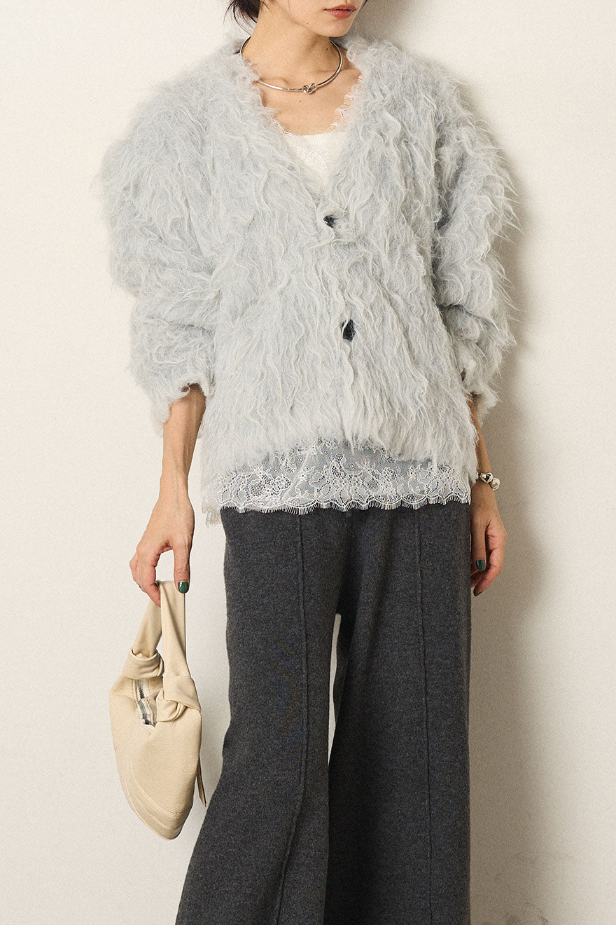 [SET]起毛シャギーニットカーディガン+レース切り替えキャミソール(2set)