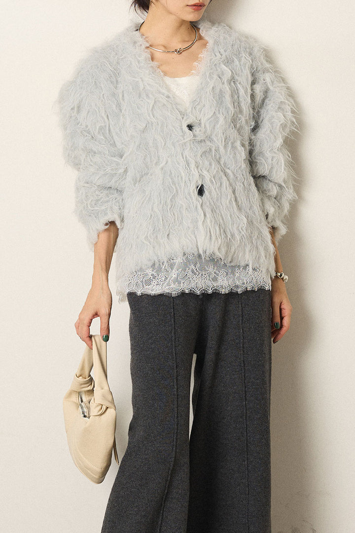 [SET]起毛シャギーニットカーディガン+レース切り替えキャミソール(2set)