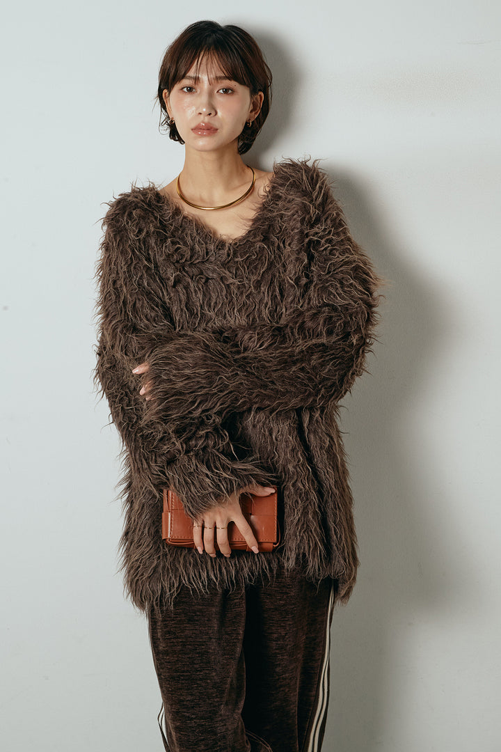 [SET]深Vネックシャギーニットトップス+リラックスサイドラインベロアワイドパンツ(2set)