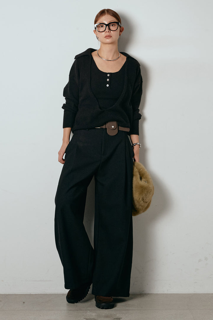 [SET]襟付きレイヤードニットトップス+ポーチベルト付きカーブパンツ(2set)