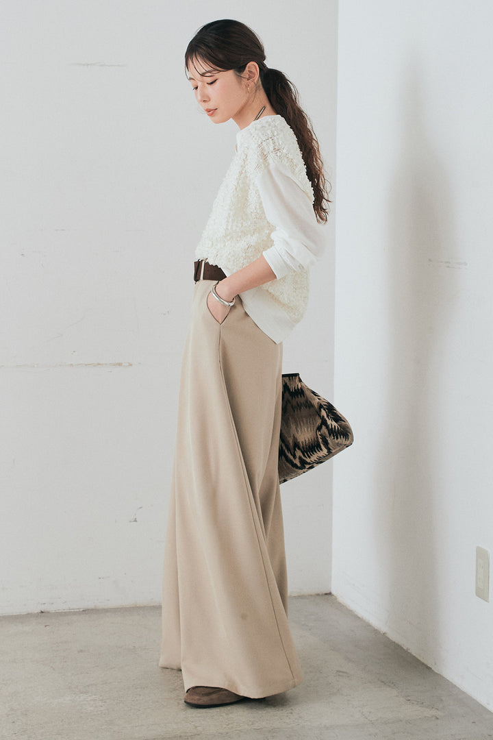 [SET]モコレースVネックカーディガン+太ベルト付きフロントタックパンツ(2set)