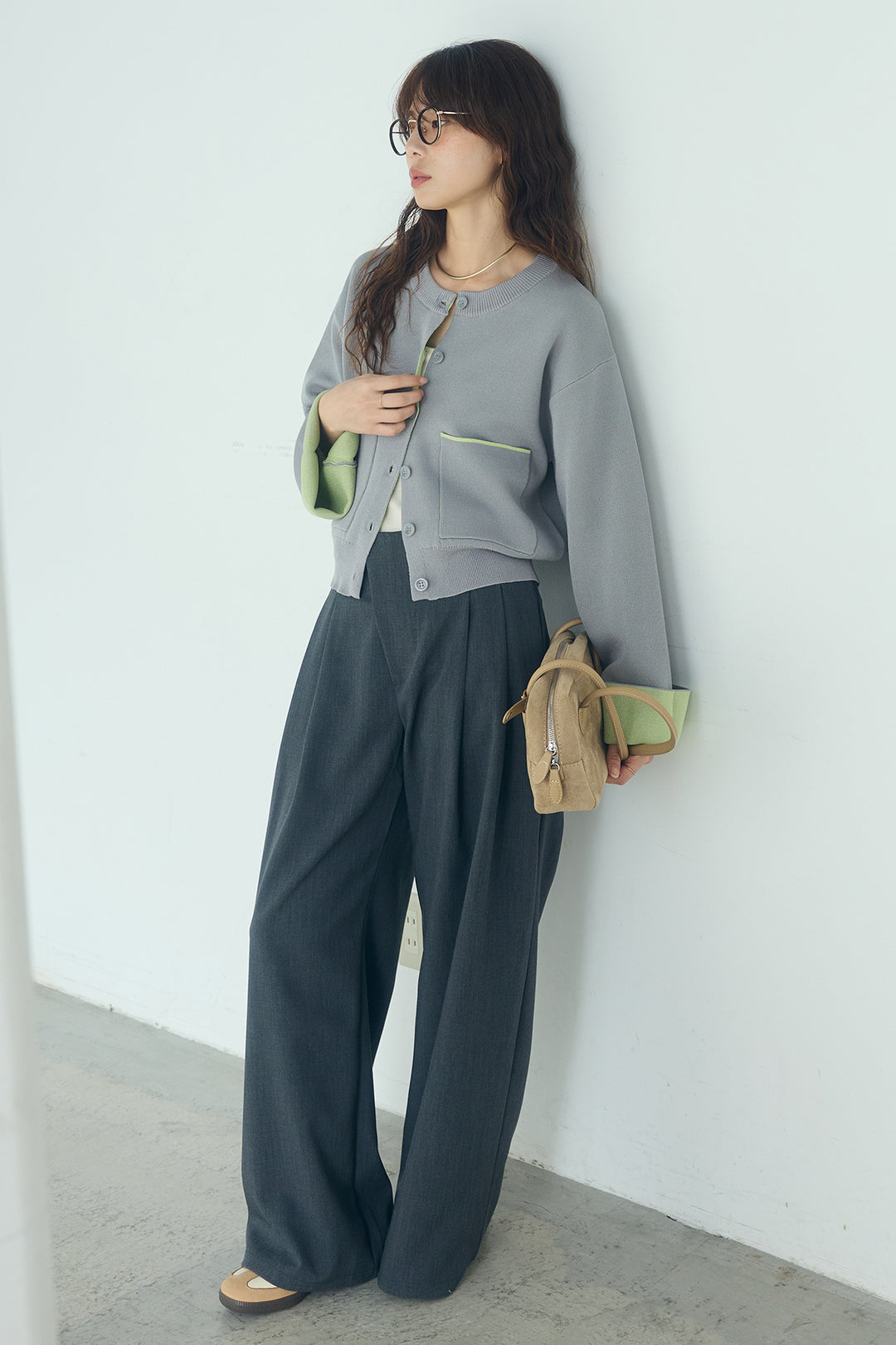 [SET]レーヨンポリダブルフェイスカーディガン+サイドベルトタック入りスラックス(2set)