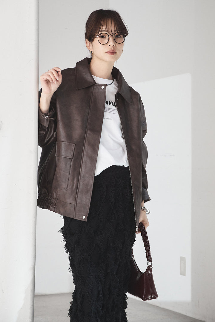[SET]レザーライクオーバーサイズブルゾン+カットフリンジニットタイトスカート(2set)