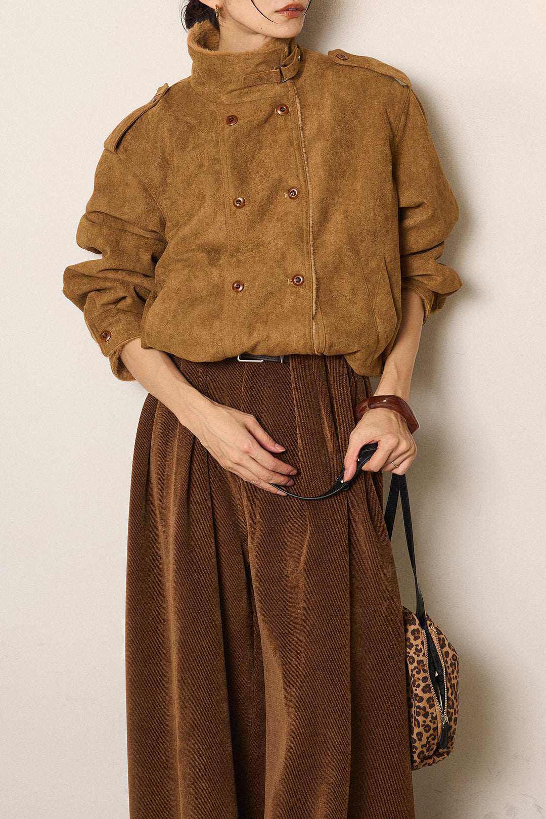 [SET]スタンド襟スウェードライクアウター+ベルトループコーデュロイワイドパンツ(2set)