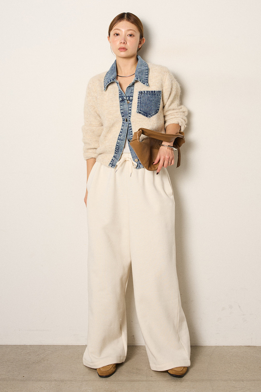 [SET]襟付きデニム切替ニットカーディガン+裏起毛スウェットワイドパンツ(2set)