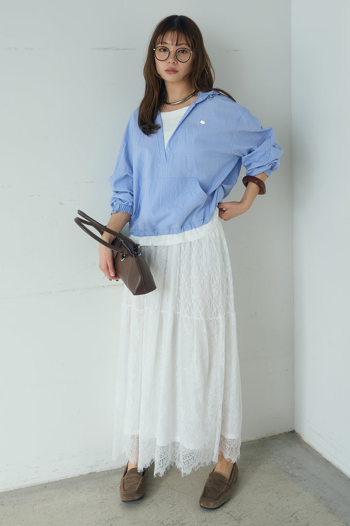 [SET]レイヤードデザインフーディートップス+ひげレース切替ロング丈スカート(2set)