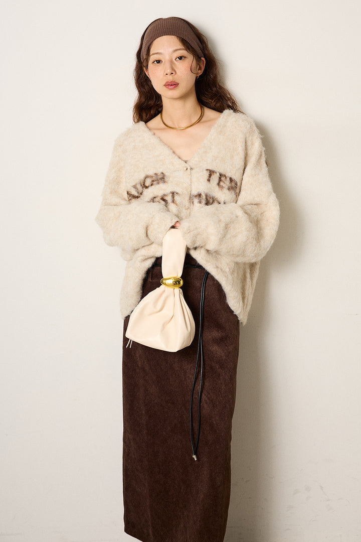 [SET]ウール混透かしロゴニットカーディガン+ロープベルト付きスウェード調スカート(2set)