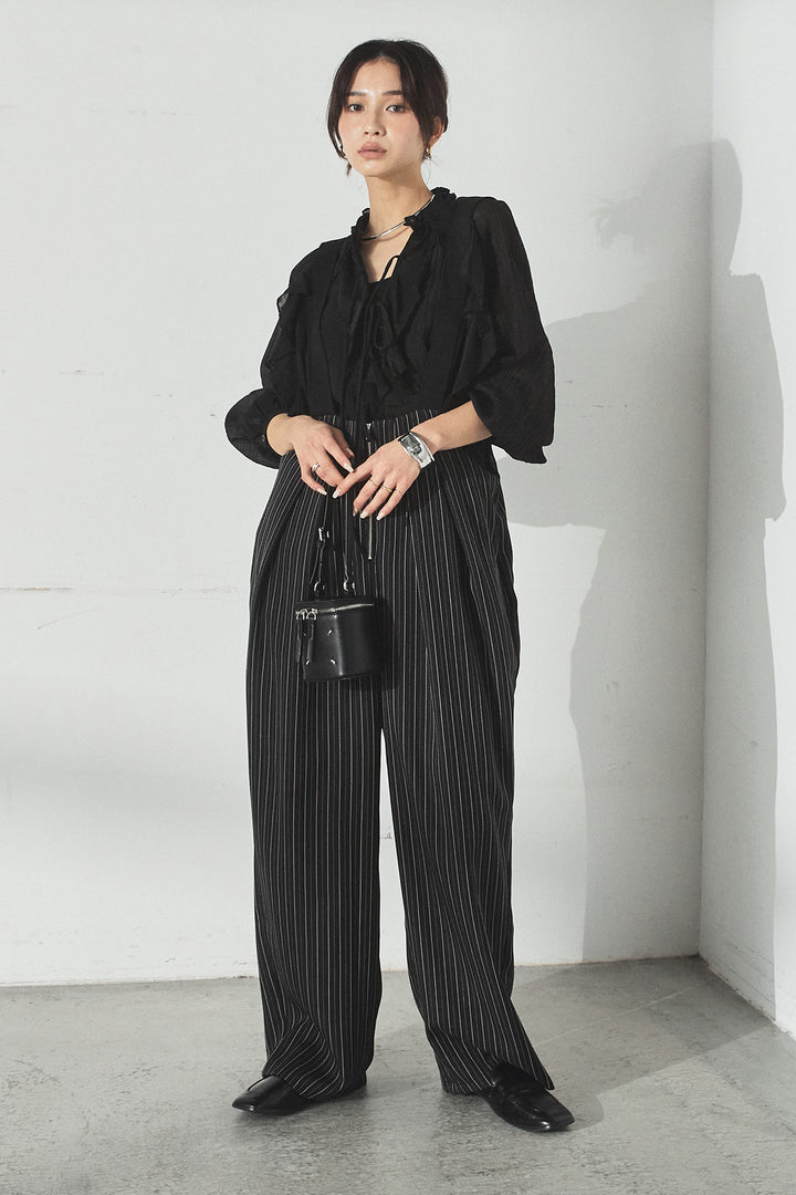 [SET]フロントリボンフリルブラウス+ピンストライプツータックサロペット(2set)