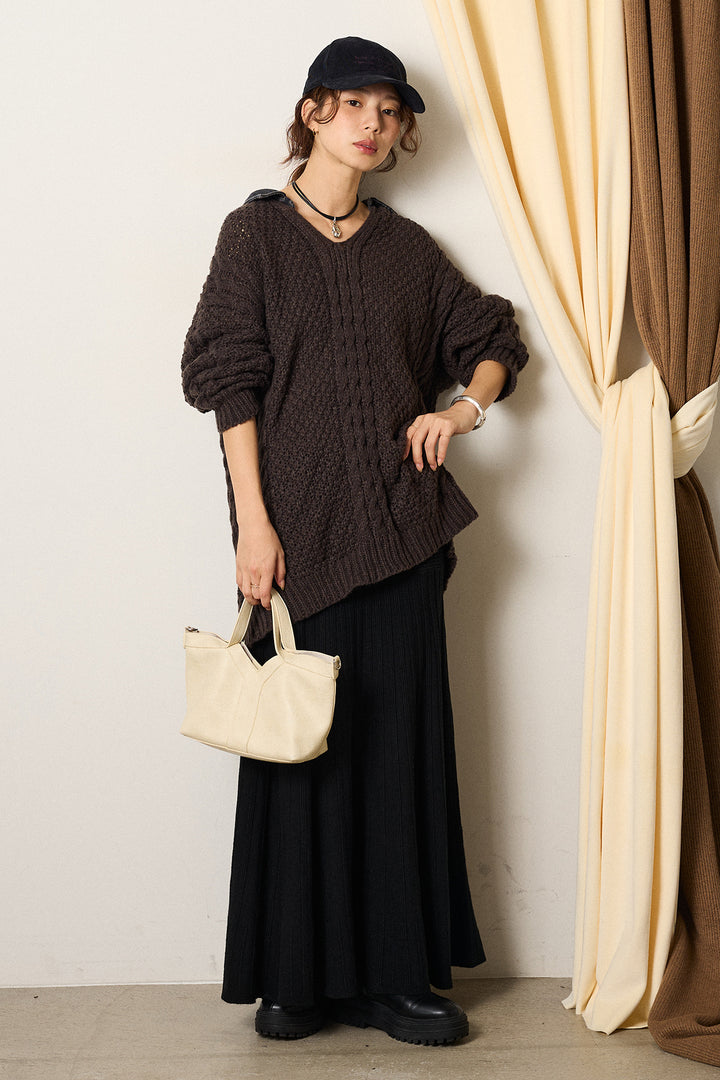 [SET]デニムカラーケーブルオーバーニット+編み地切り替えフレアニットスカート(2set)