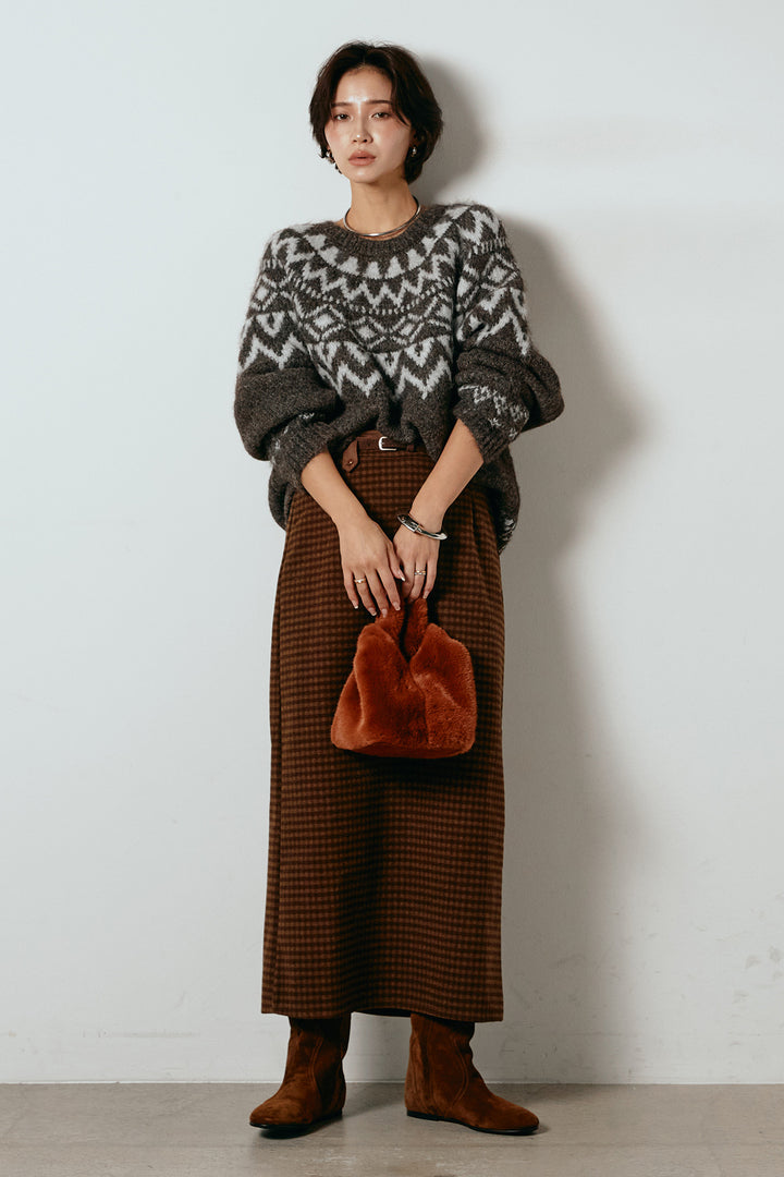 [SET]ノルディック柄Uネックプルオーバー+スエード調ベルト付きチェックナロースカート(2set)