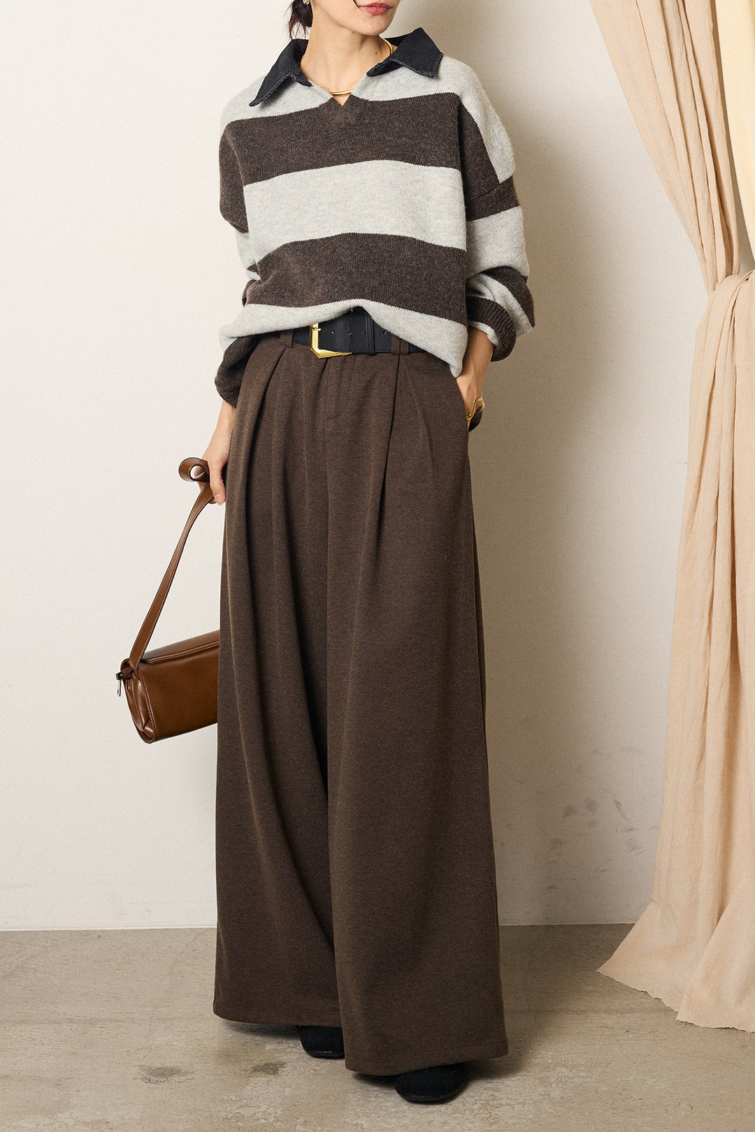 [SET]デニムカラーボーダールーズニット+ゴールドバックル太ベルト付きワイドパンツ(2set)