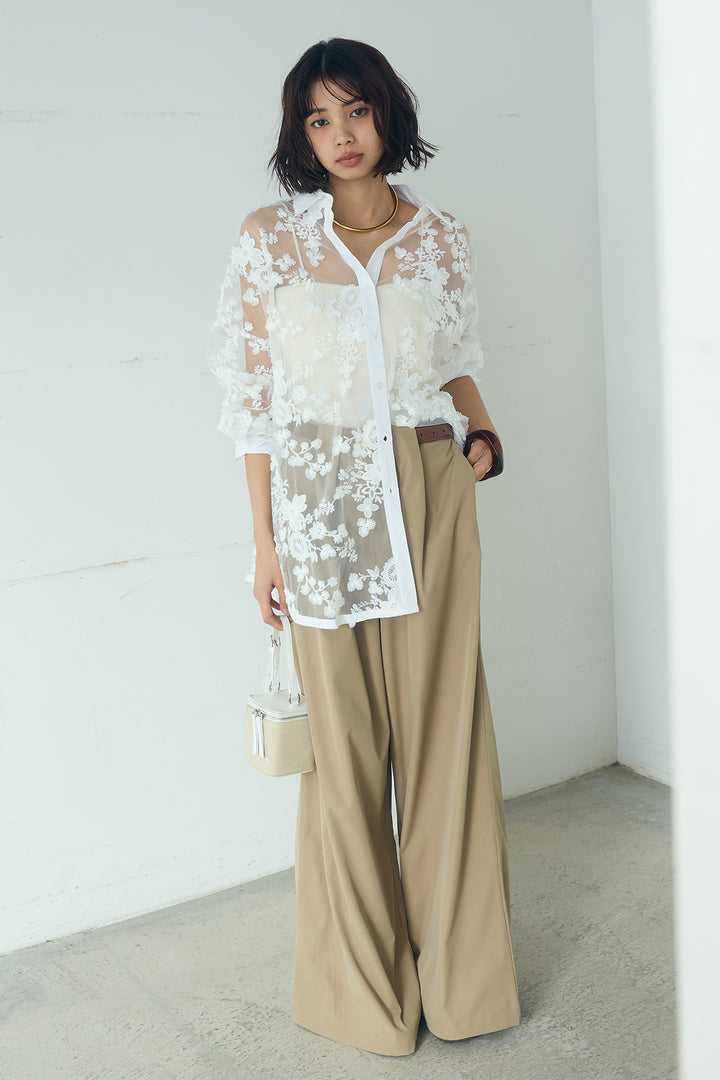 [SET]立体フラワー刺繍レースシャツ+ベルトループデザインハイウエストタックパンツ(2set)