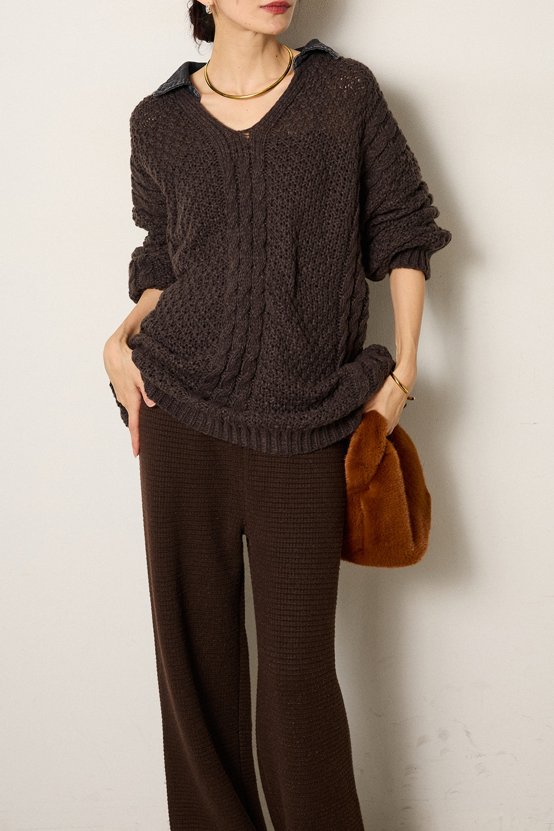 [SET]デニムカラーケーブルオーバーニット+ワイドリブニットイージーパンツ(2set)