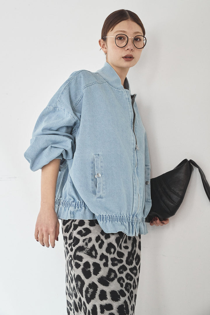 [SET]袖シャーリング裾フリルデニムブルゾン+レオパードサテンナロースカート(2set)