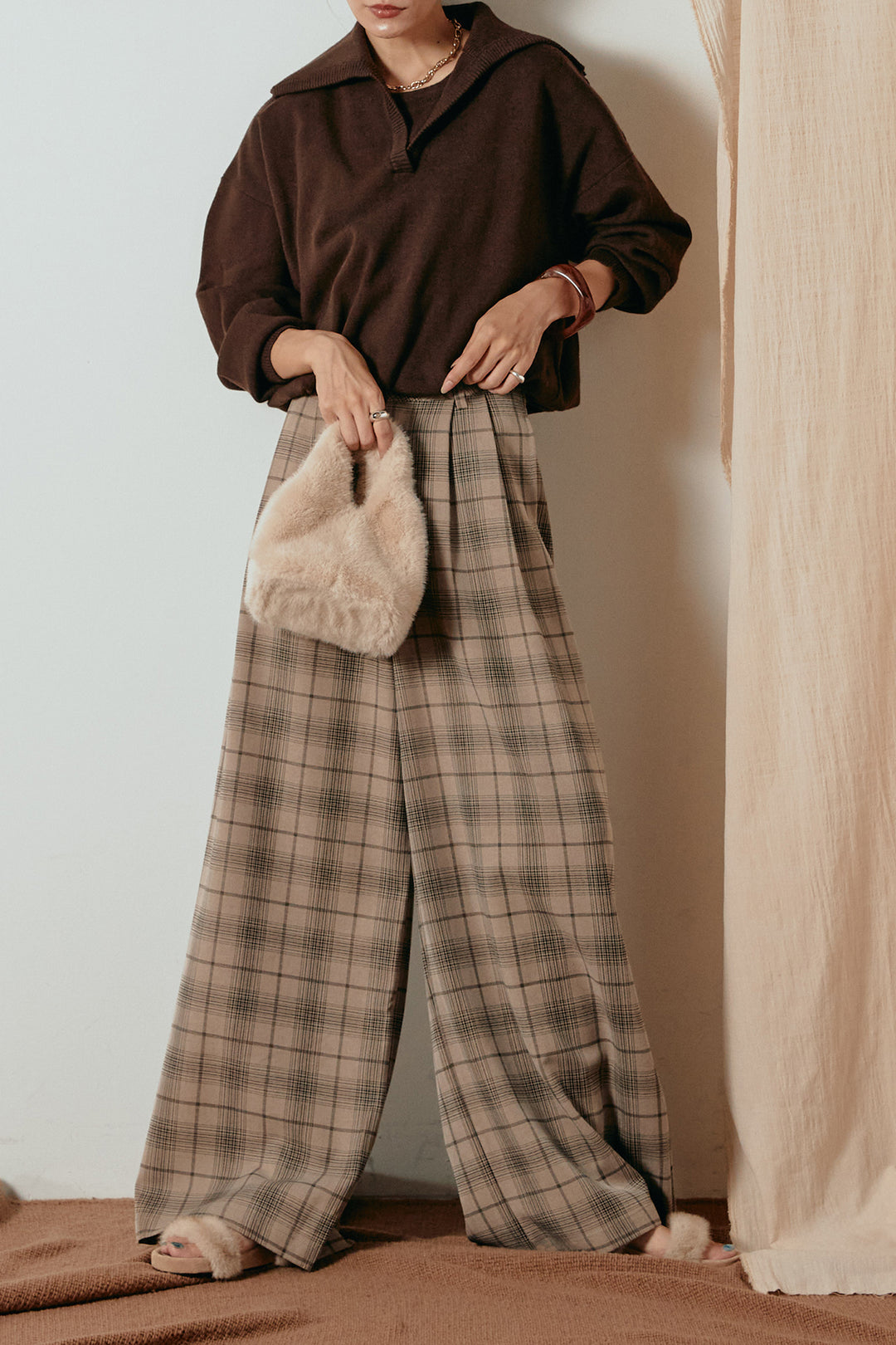 [SET]レイヤードデザインバルーンニット+タック入りタータンチェックワイドパンツ(2set)