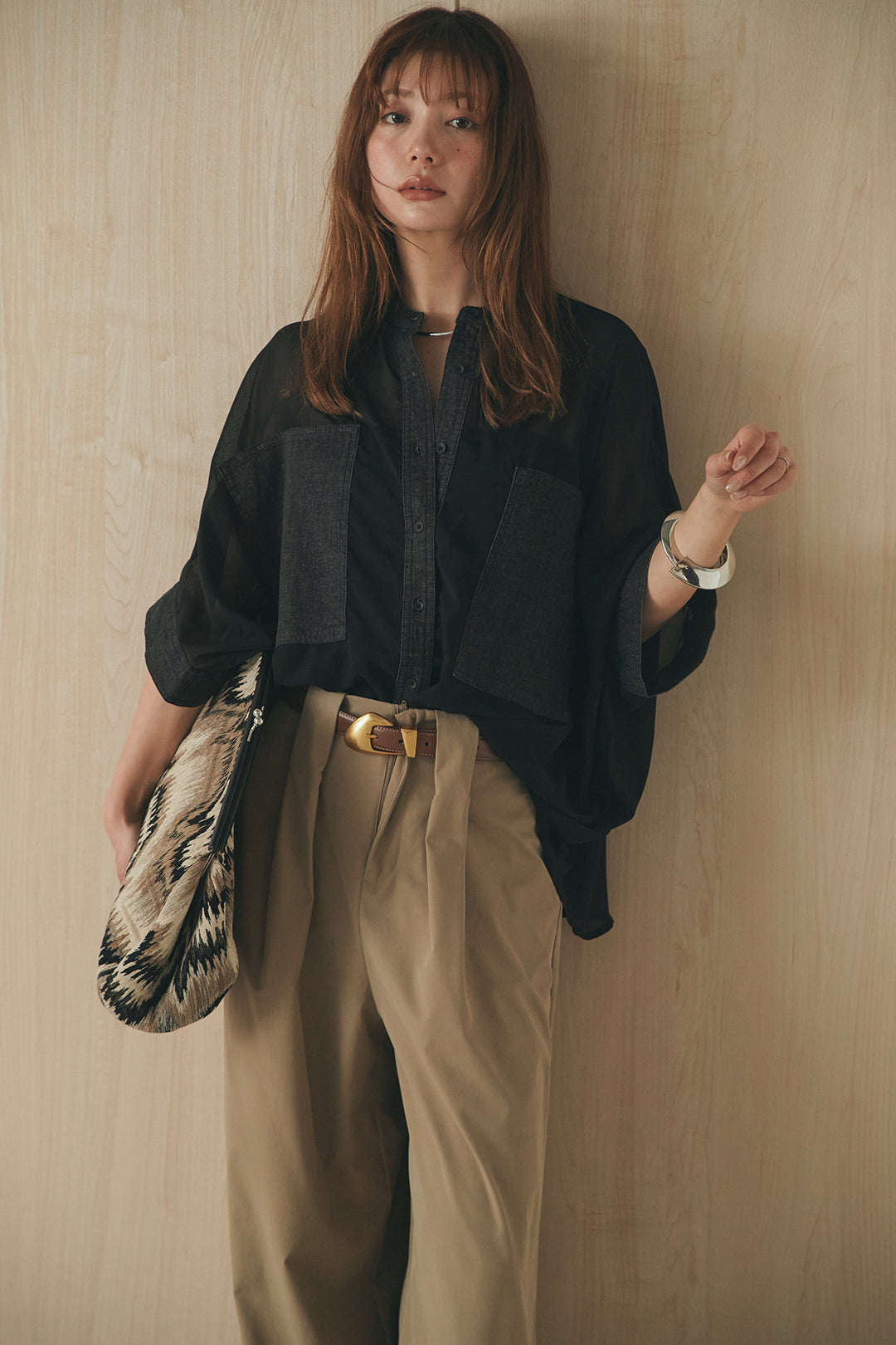 [SET]デニムライクビッグツーポケシアーシャツ+ベルトループデザインハイウエストタックパンツ(2set)