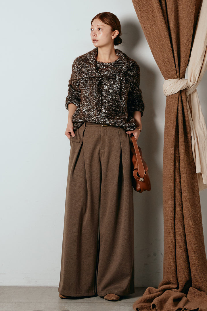 [SET]スカーフ付きミックスニットトップス+細ベルト付き起毛タックワイドパンツ(2set)