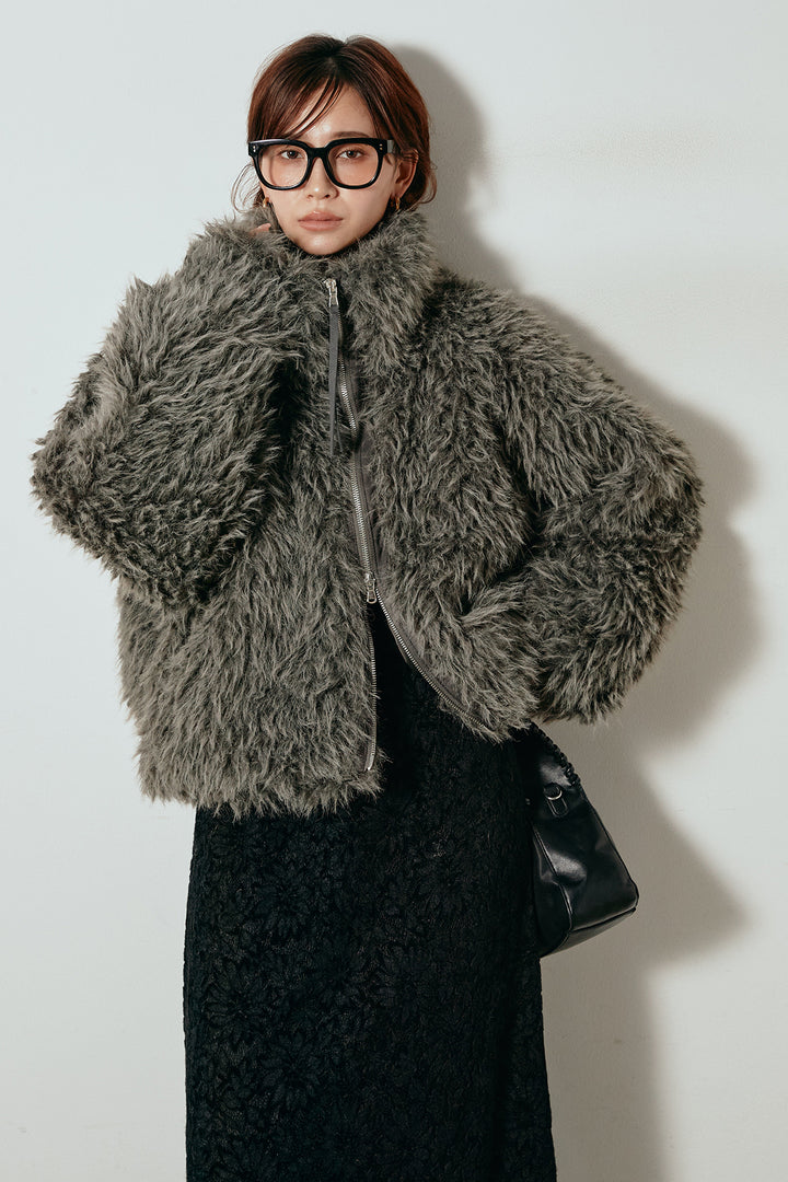 [SET]ミックスシープファースタンドブルゾン+花柄刺繍ベロアフレアスカート(2set)