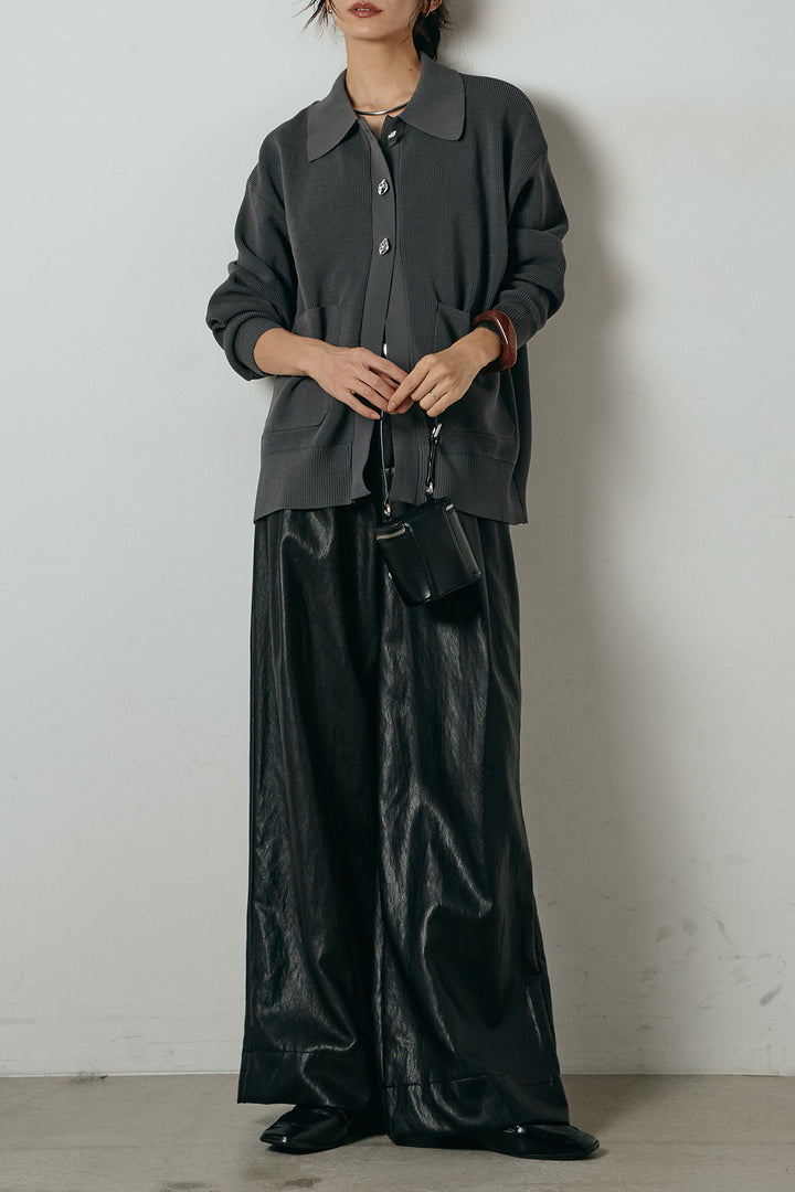 [SET]メタル釦衿付きニットカーディガン+ベルト付きレザーライクタックパンツ(2set)