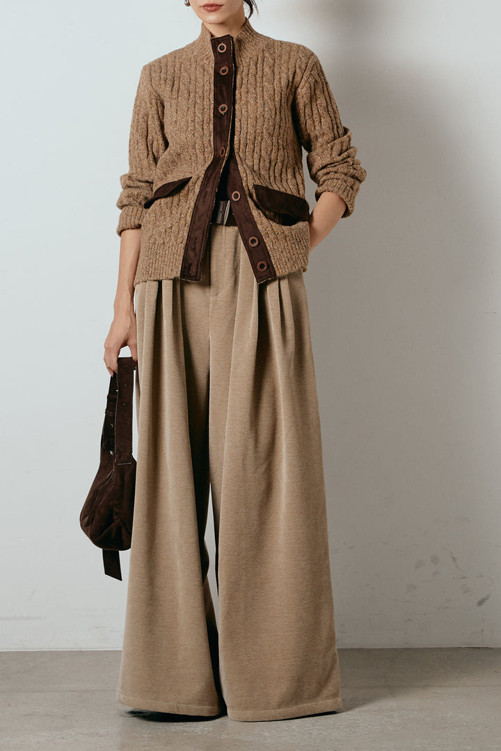 [SET]ボトルネックケーブルニットカーディガン+ベルトループコーデュロイワイドパンツ(2set)