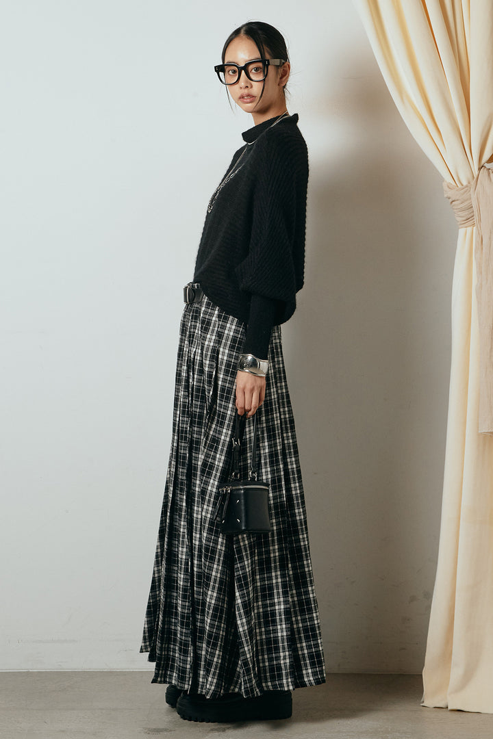 [SET]ポンチョシルエット透かしニットトップス+ベルト付きタータンチェックプリーツスカート(2set)