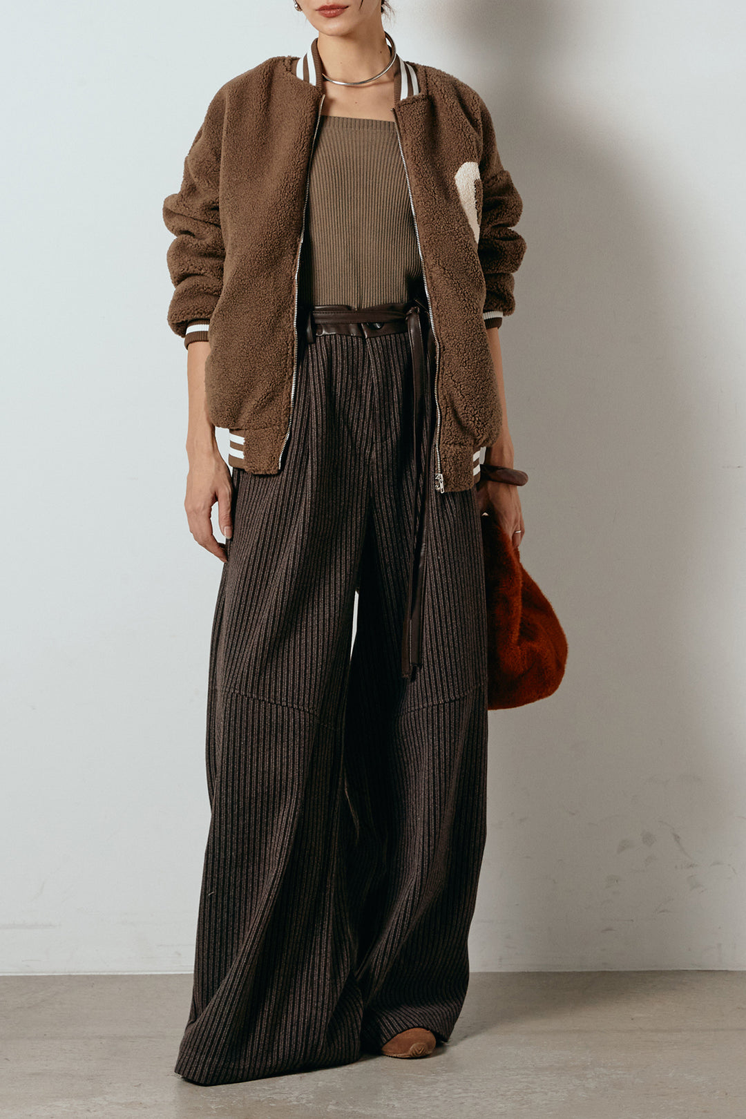 [SET]ロゴスタジャンボアブルゾン+レザーライク配色ストライプパンツ(2set)