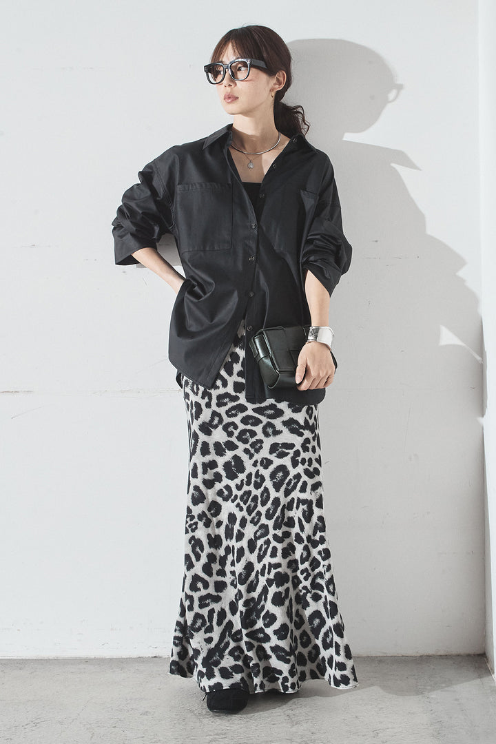 [SET]ウォッシャブルエコレザービックカフスシャツ+レオパードサテンナロースカート(2set)