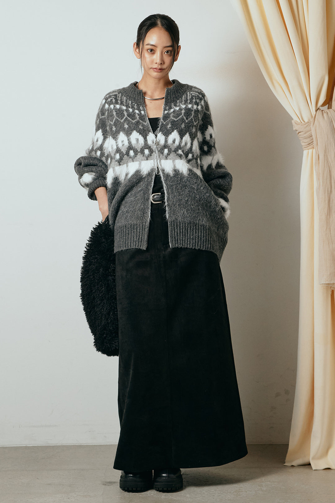 [SET]起毛ダブルジップパターンニットカーディガン+エコスウェードワイドスカート(2set)
