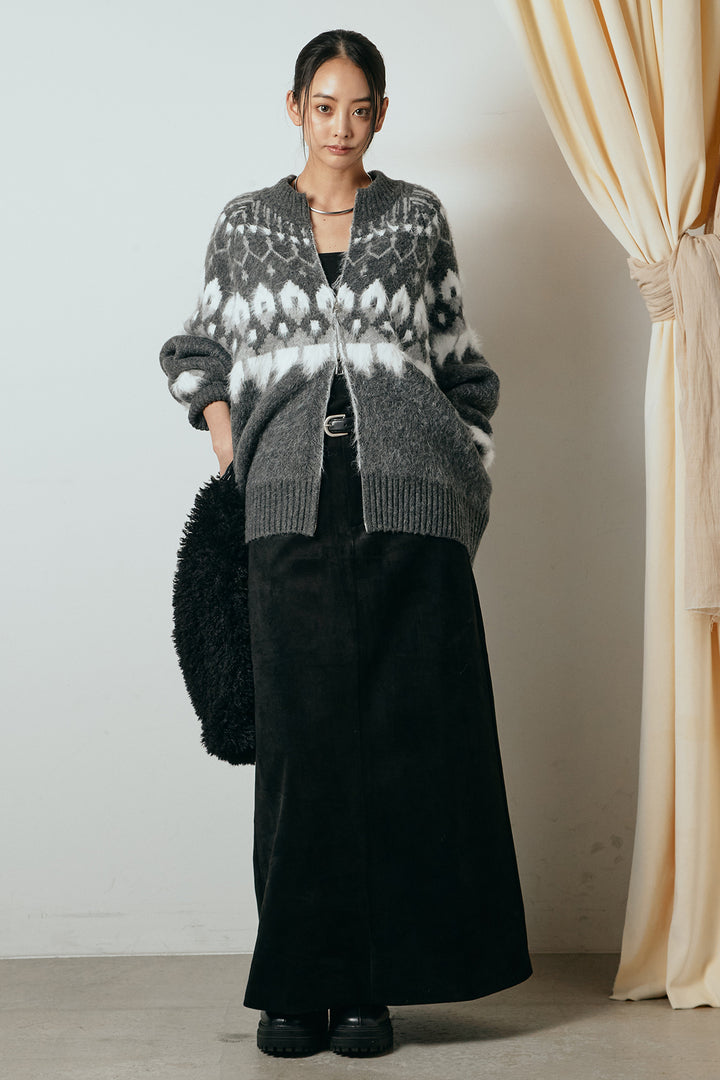 [SET]起毛ダブルジップパターンニットカーディガン+エコスウェードワイドスカート(2set)