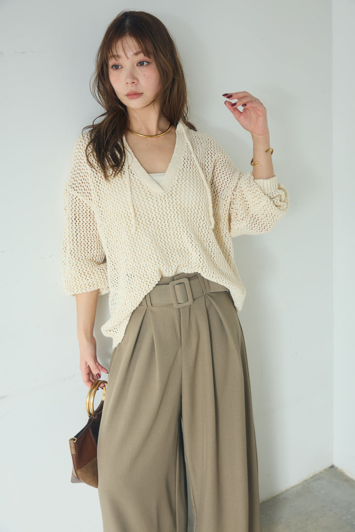 【即納】ミックスメッシュキーネックプルオーバー