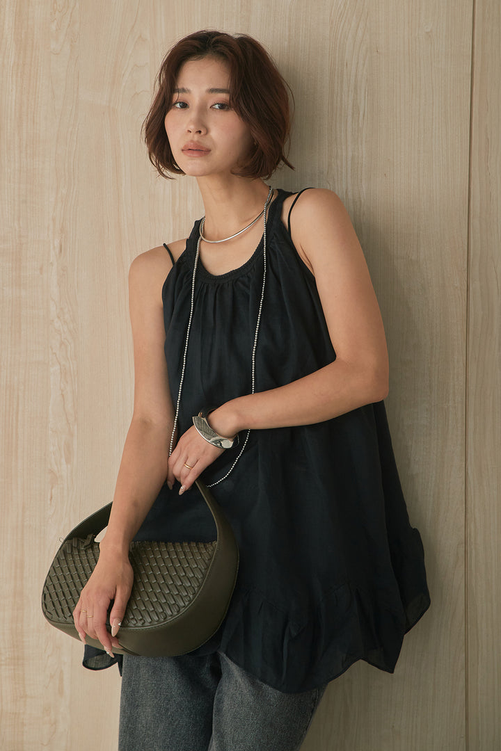 [SET]裾フリルデザイン麻ブラウス+カラーデニムアシメカーブパンツ(2set)