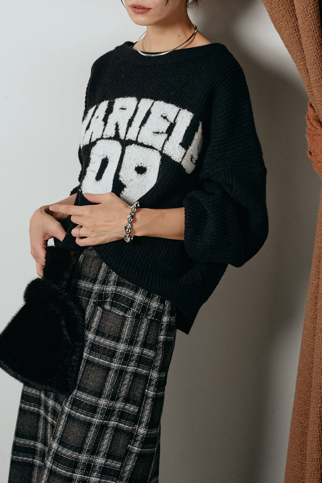 [SET]ロゴジャガードニットトップス+ルーズタータンチェックワイドパンツ(2set)