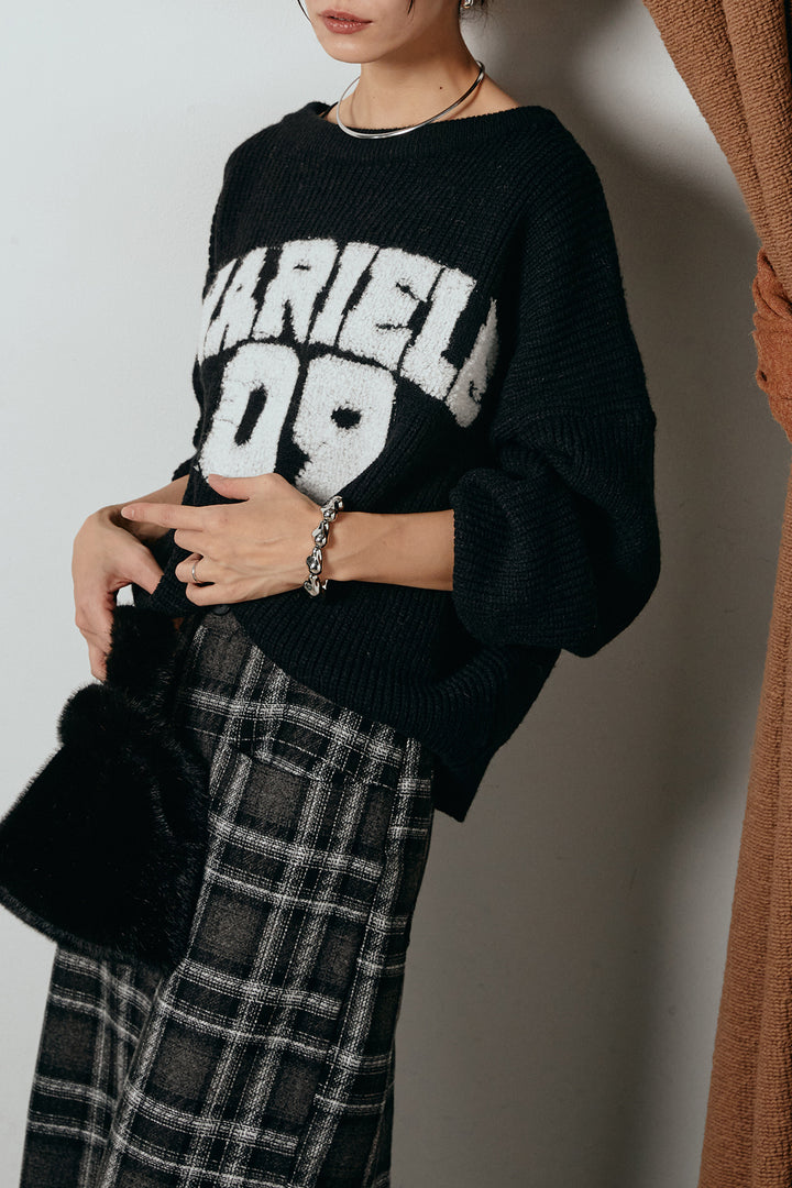 [SET]ロゴジャガードニットトップス+ルーズタータンチェックワイドパンツ(2set)