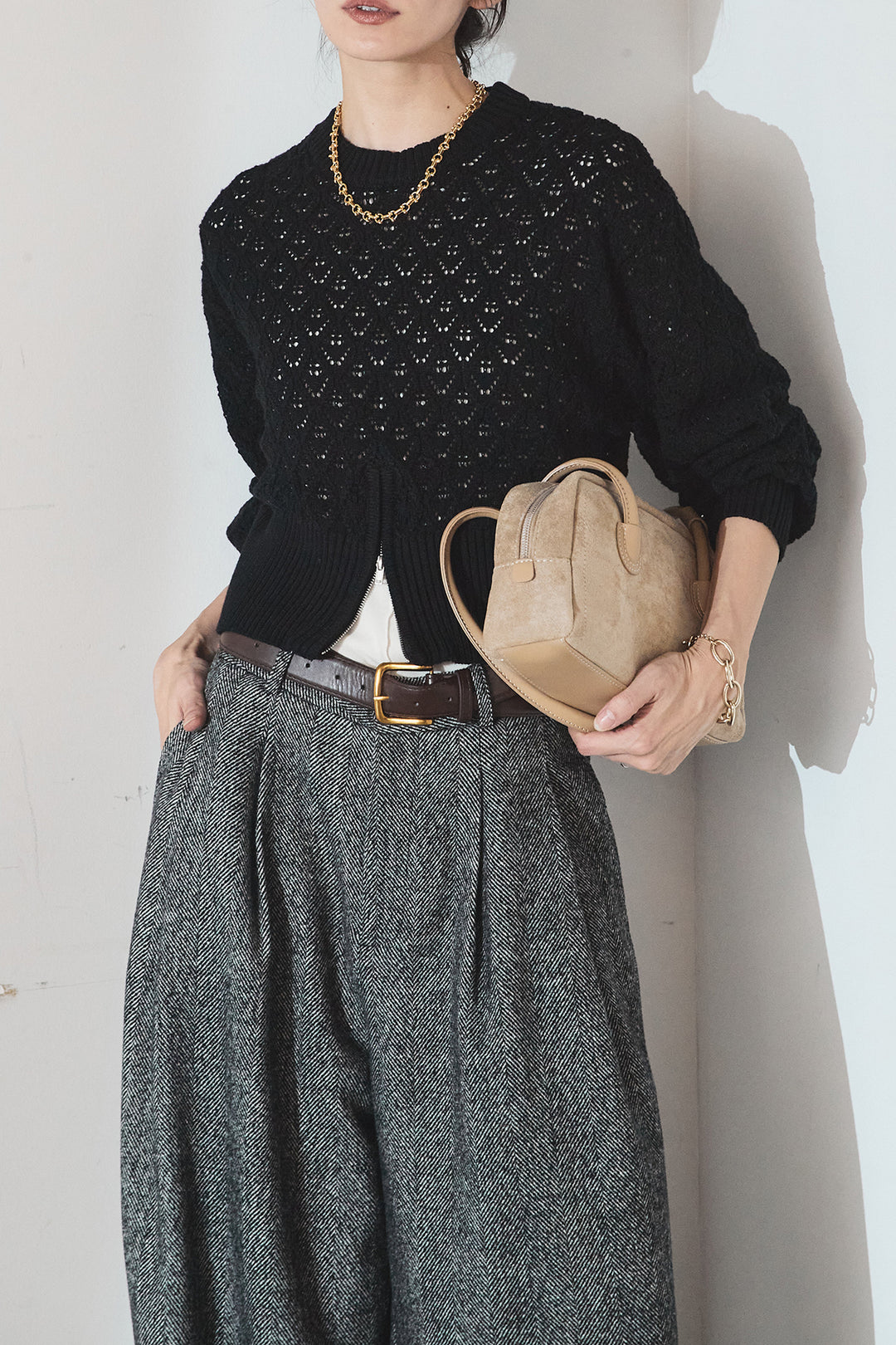 [SET]透かし編みニットジップスリットプルオーバー+タックツイードワイドパンツ(2set)
