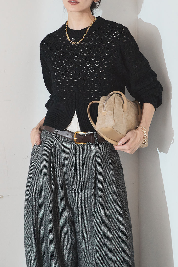 [SET]透かし編みニットジップスリットプルオーバー+タックツイードワイドパンツ(2set)