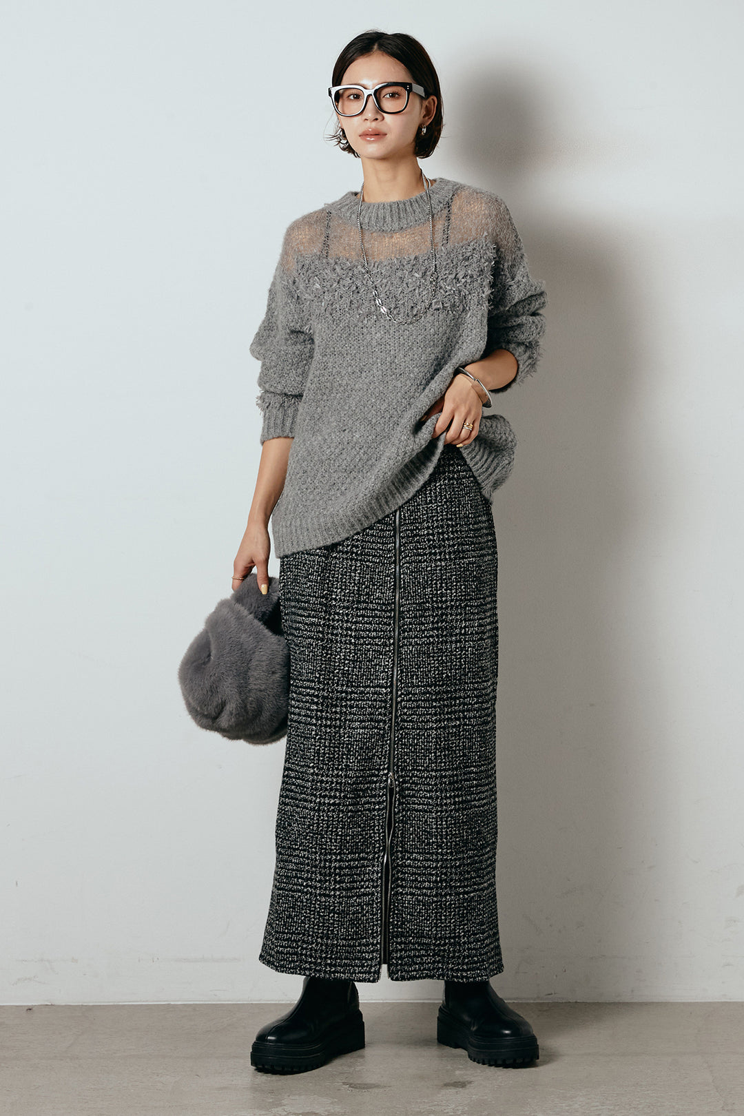 [SET]パターンランダム編みニットトップス+グレンチェック柄フロントジップタイトスカート(2set)