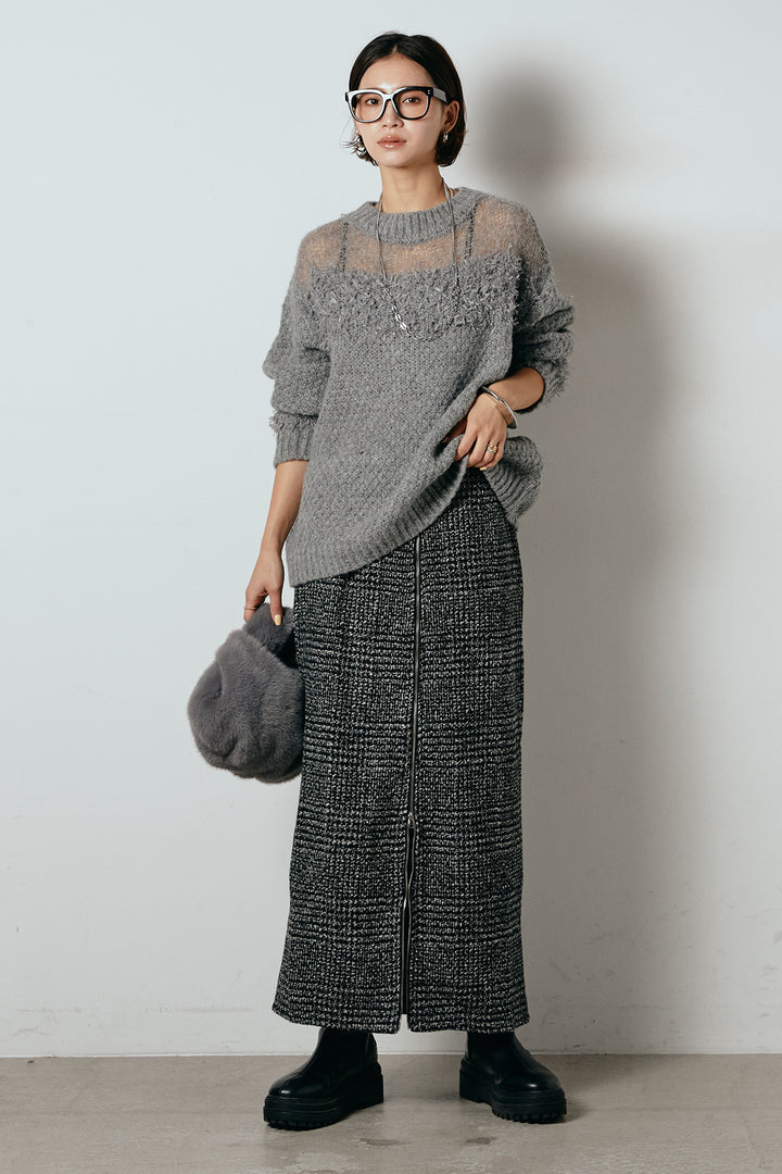 [SET]パターンランダム編みニットトップス+グレンチェック柄フロントジップタイトスカート(2set)