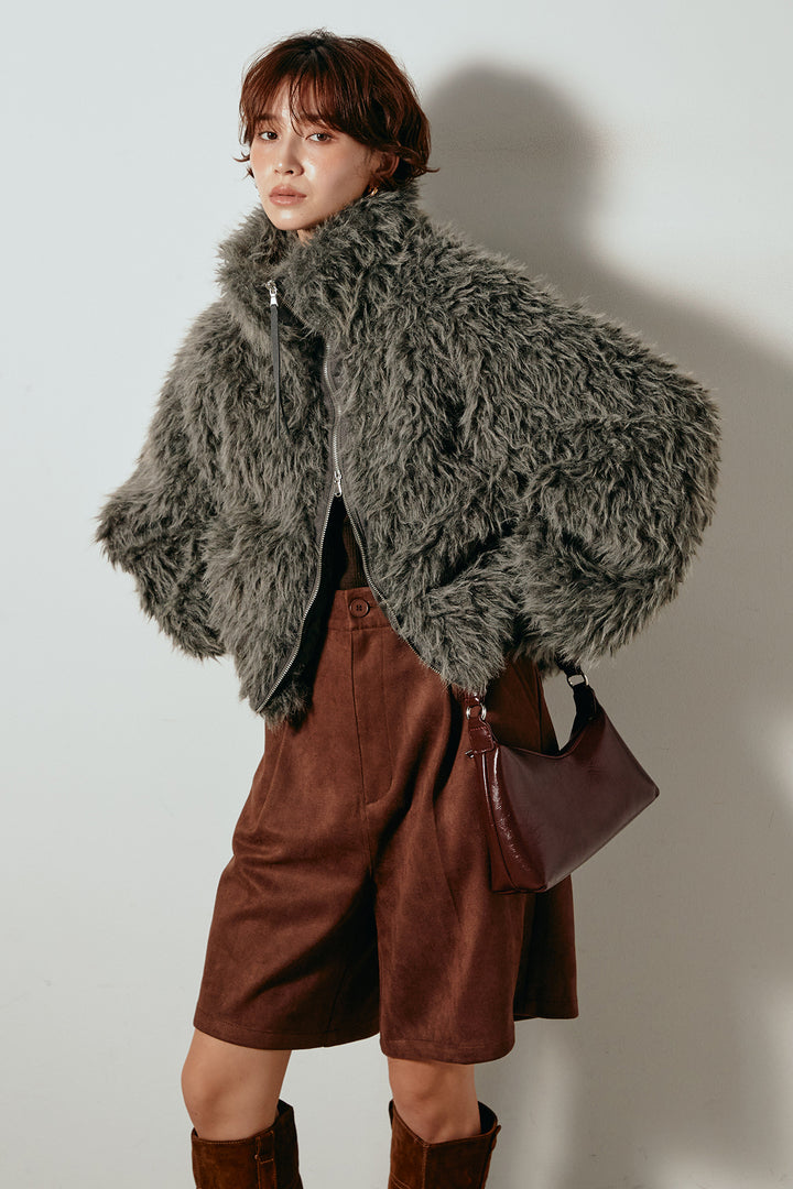 [SET]ミックスシープファースタンドブルゾン+フェイクスウェードハーフパンツ(2set)